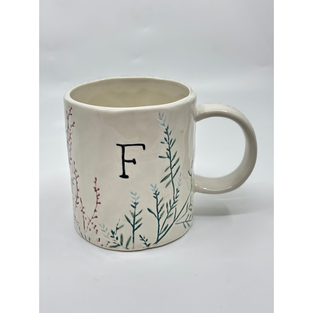 Anthropologie Dagny Monogram Mug Initial F Floral Botanical Stoneware Cream